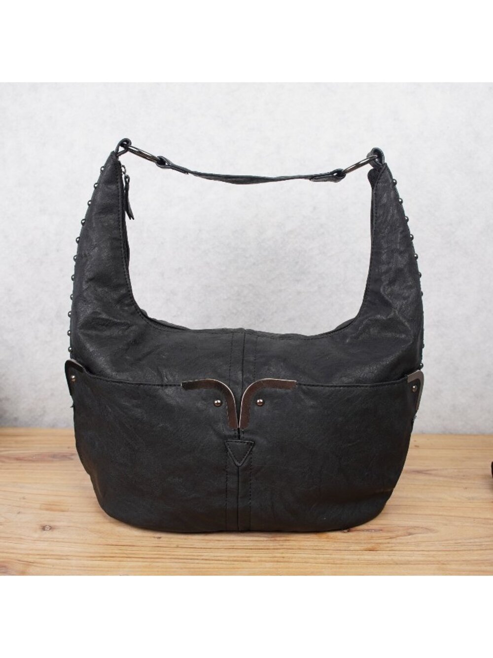 Bueno Antique Pebble W/Studs Shoulder Bag Black Slouchy Hobo Shoulder Bag Y2K